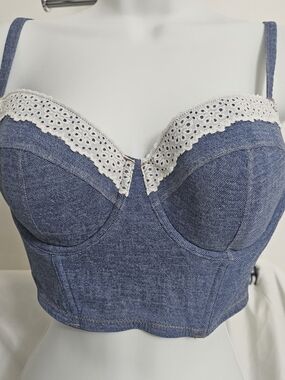 NWOT Denim Lace-Trim Bustier Crop Top in Blue, Sz M